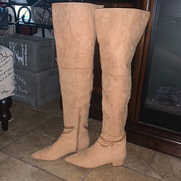 Camel Vegan Suede Boots - Picture 1 of 10